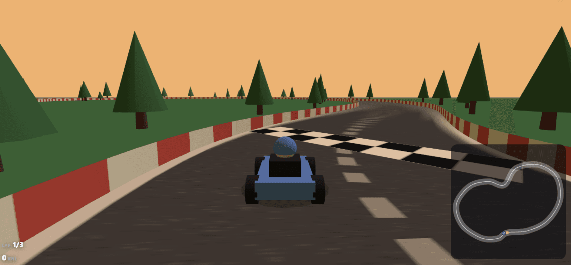 Octane mid-race: a blue kart with a helmeted driver on a grey track, heading for a chequered start line between red-and-white kerbs, pine trees under an orange sky, and a map of the circuit in the corner.